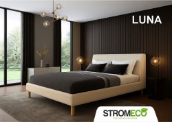 Κρεβάτι Luna ντυμένο με ύφασμα ή τεχνόδερμα της επιλογής σας και ξύλινο σκελετό.