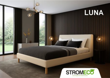 Κρεβάτι Luna ντυμένο με ύφασμα ή τεχνόδερμα της επιλογής σας και ξύλινο σκελετό.